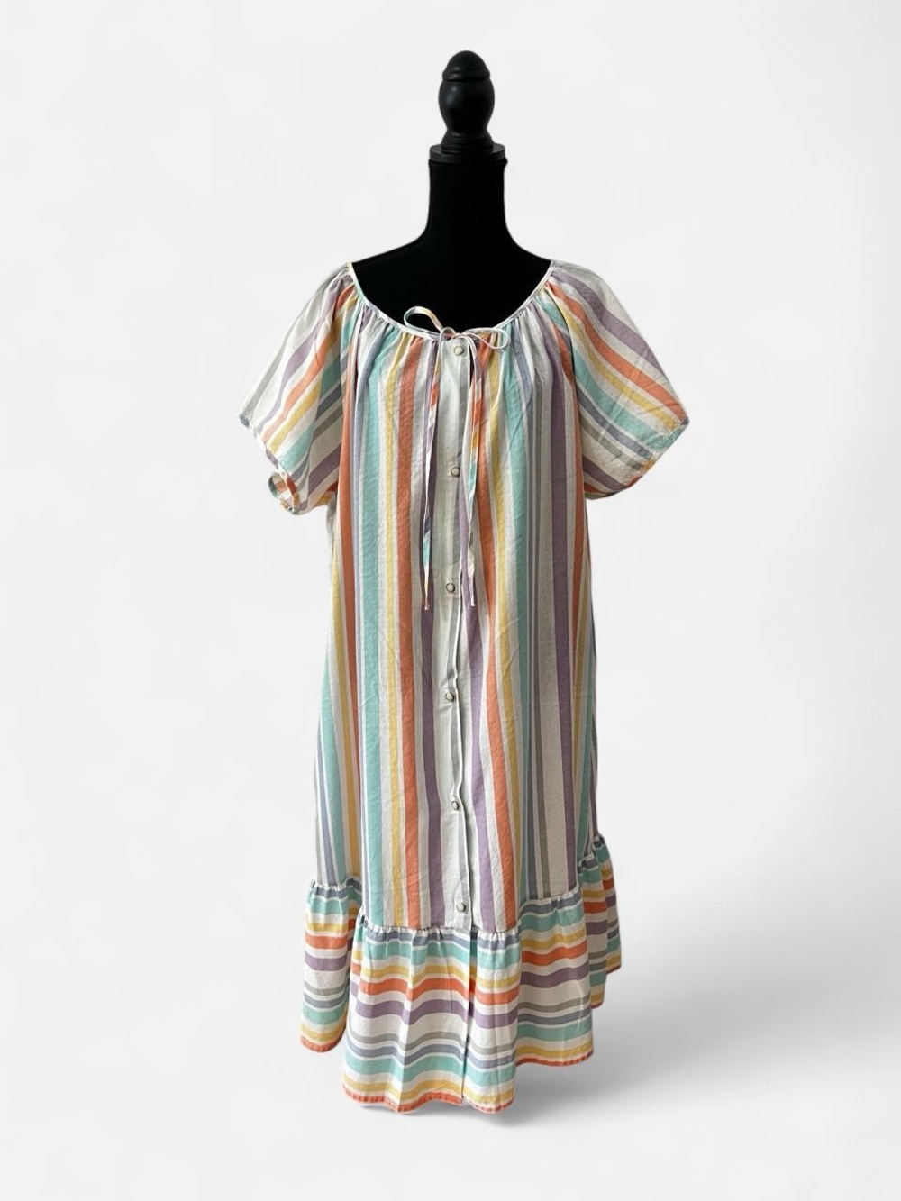 Vintage Pastel Rainbow Stripe House Dress Snap Front Ruffle Lounger Midi Dress